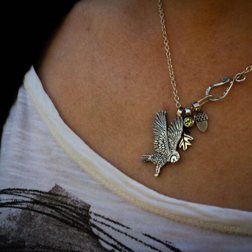 handmade and recycled silver coins flying playful owl charm for a tree sculpture, necklace or bracelet