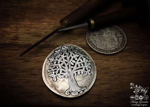 Handcrafted and recycled silver Oak Tree-of-Life necklace made from a British silver coin
