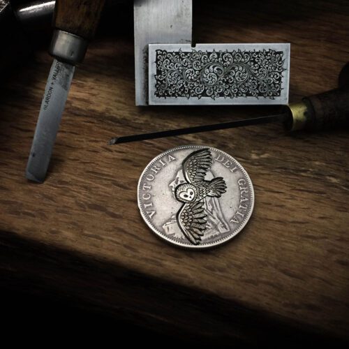 handmade and recycled silver coins flying playful owl charm for a tree sculpture, necklace or bracelet