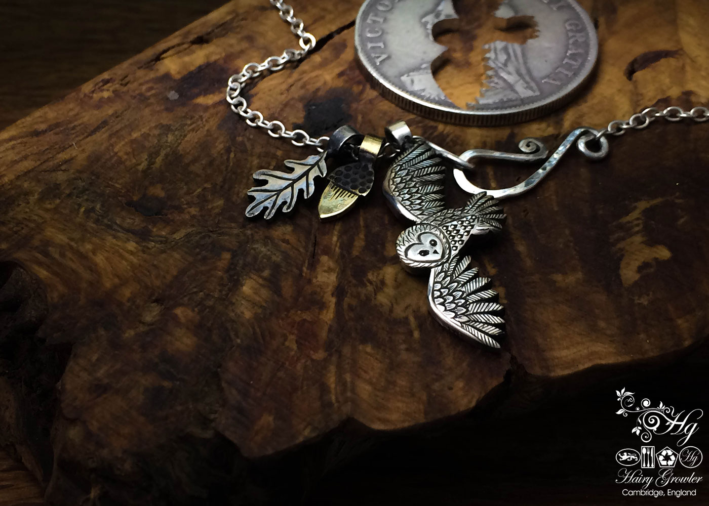handmade and recycled silver coins flying playful owl charm for a tree sculpture, necklace or bracelet