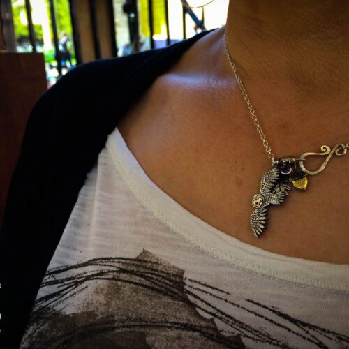 owl jewellery handmade and recycled silver coins flying playful owl charm for a tree sculpture, necklace or bracelet
