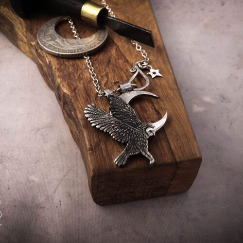 handmade and recycled silver coins flying playful owl charm for a tree sculpture, necklace or bracelet