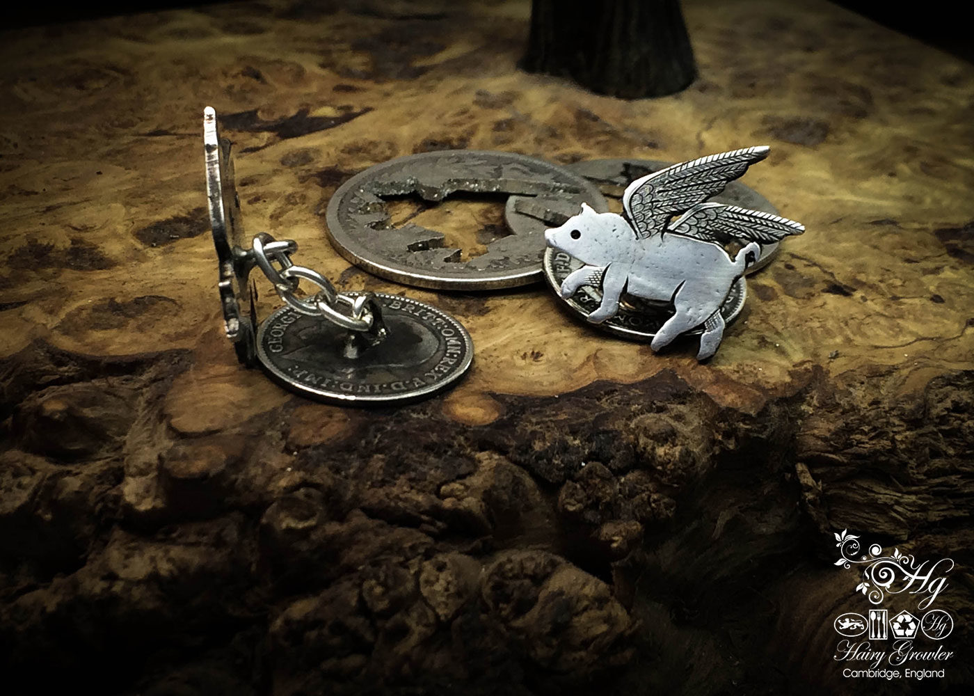 Flying pig cufflinks handcrafted and recycled from sterling silver shillings and threepence coins
