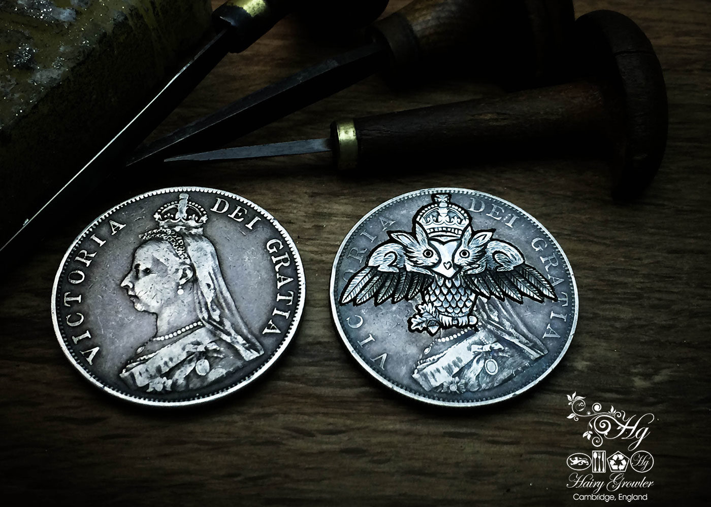 handmade and recycled silver coins hare-y-gr-owl-er charm for a tree sculpture, necklace or bracelet