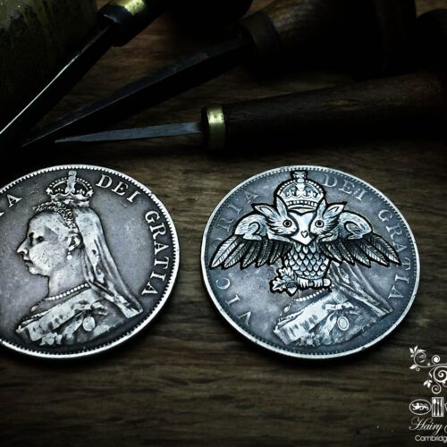 handmade and recycled silver coins hare-y-gr-owl-er charm for a tree sculpture, necklace or bracelet