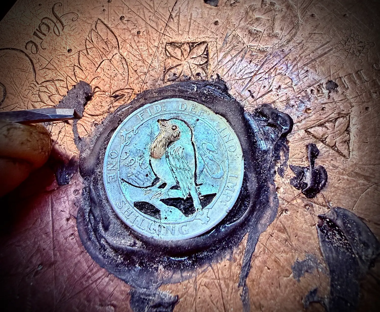 Handmade and completely upcycled and repurposed silver shilling robin red breast necklace pendant