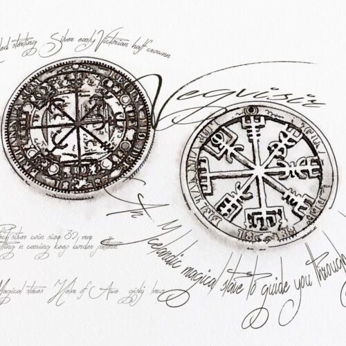 Handmade and upcycled silver half crown Vegvísir magical Icelandic stave necklace