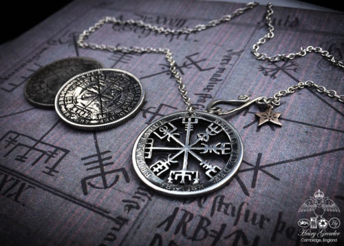 Handmade and upcycled silver half crown Vegvísir magical Icelandic stave necklace