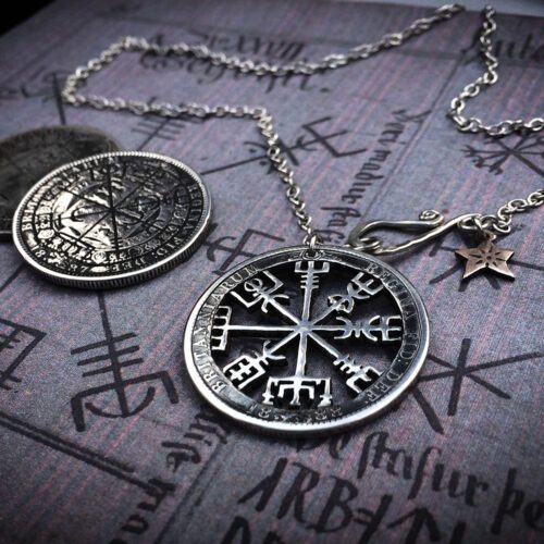 Handmade and upcycled silver half crown Vegvísir magical Icelandic stave necklace