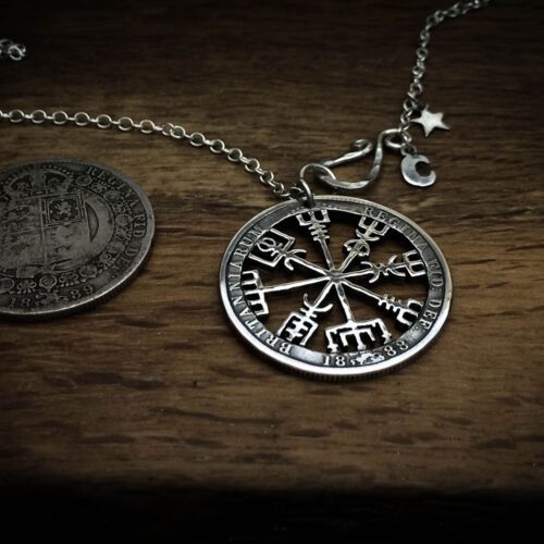 Handmade and upcycled silver half crown Vegvísir magical Icelandic stave necklace