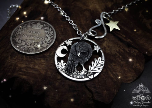 Handmade and repurposed silver shilling curious raven necklace totally handcrafted and recycled from old sterling silver shilling coins. Designed and created by Hairy Growler Jewellery, Cambridge, UK