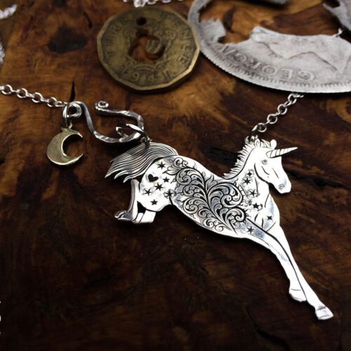 Gorgeous, stylish, eco-friendly, green, ethical and individual. The Hairy Growler silver unicorn necklace is meticulously handcrafted in Cambridge, UK.