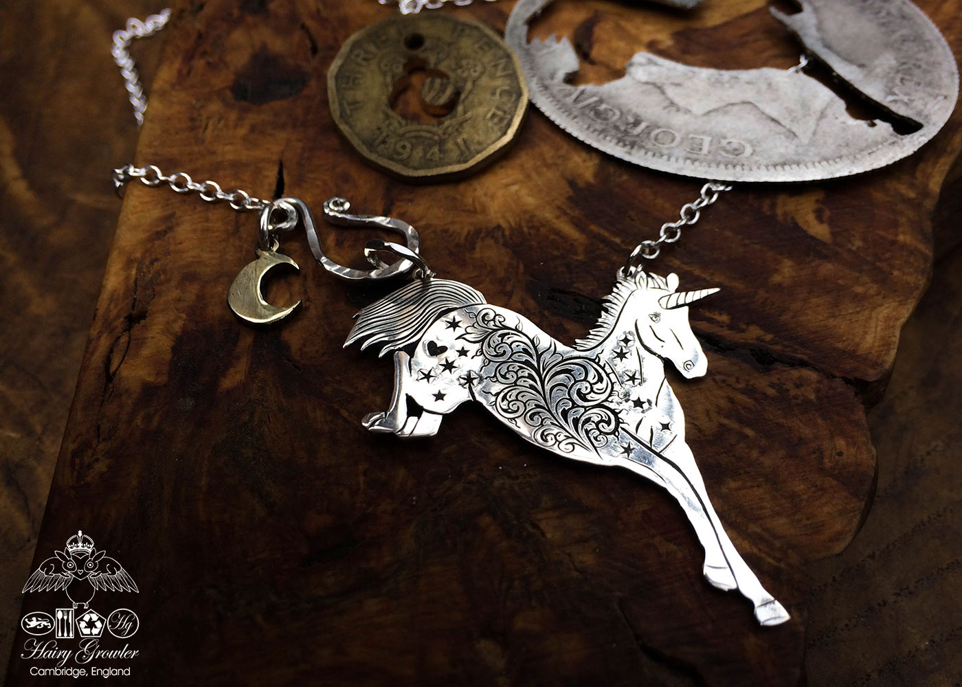 Gorgeous, stylish, eco-friendly, green, ethical and individual. The Hairy Growler silver unicorn necklace is meticulously handcrafted in Cambridge, UK.