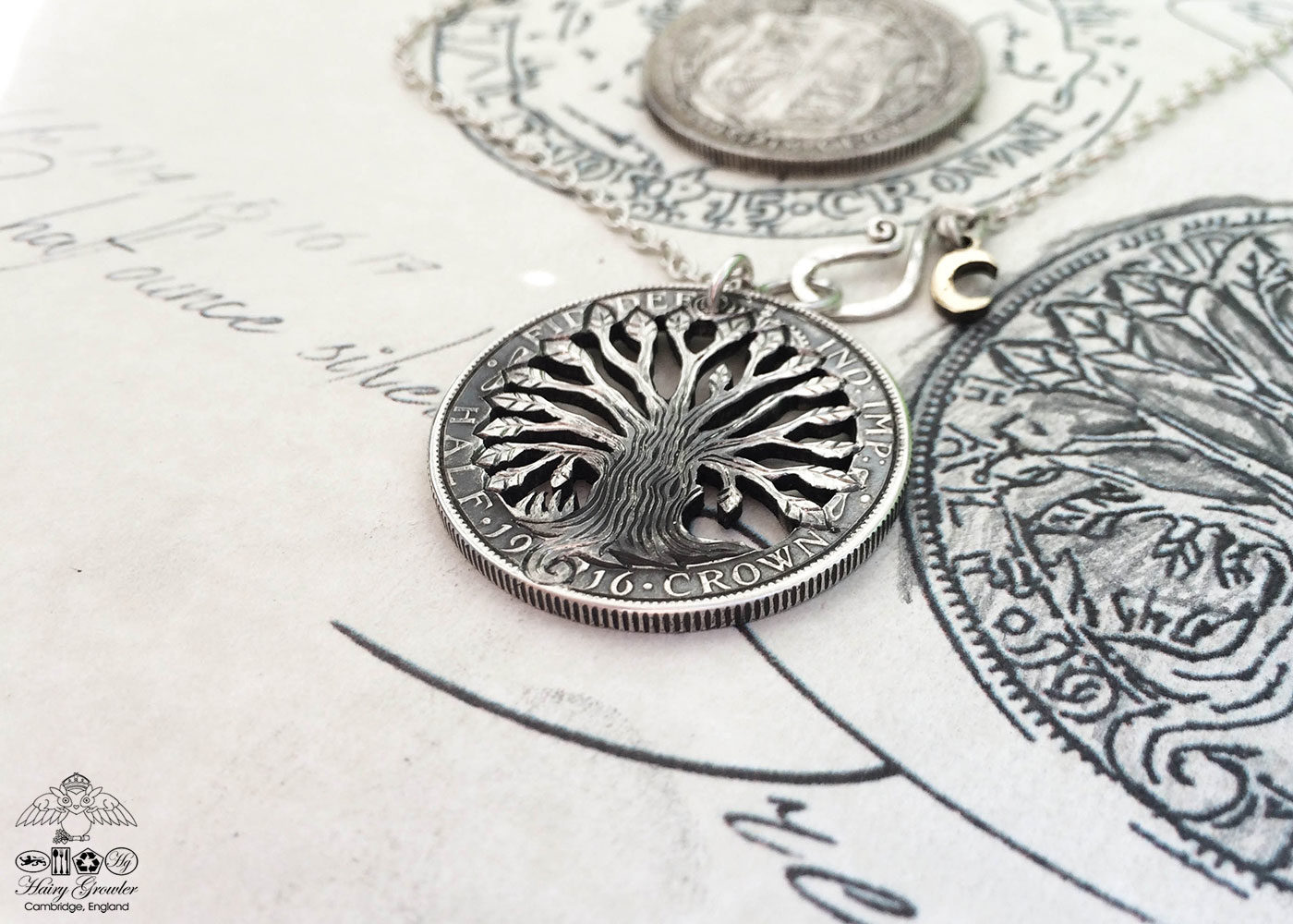 Handmade and upcycled silver half crown tree of life necklace pendant