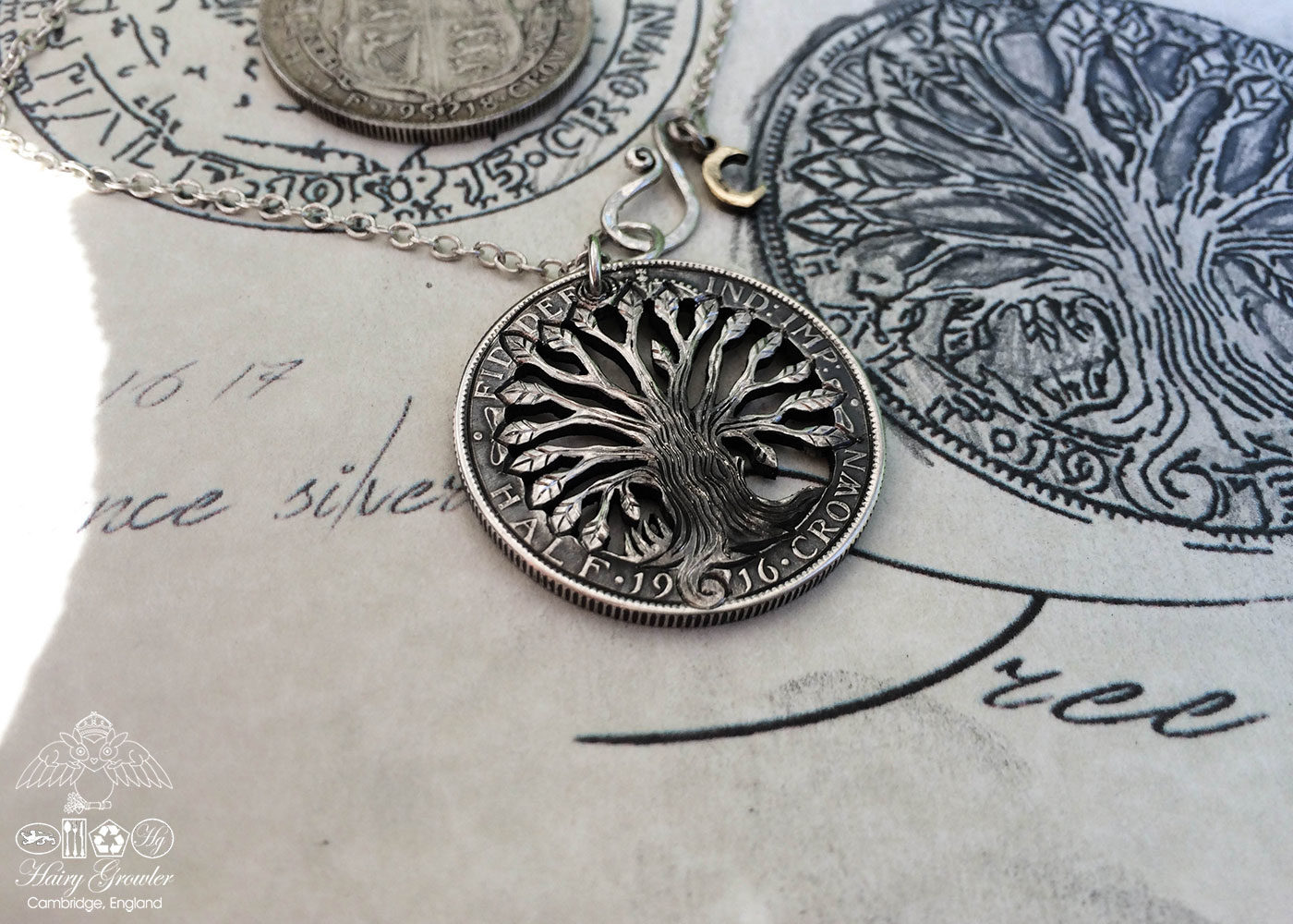 Handmade and upcycled silver half crown tree of life necklace pendant
