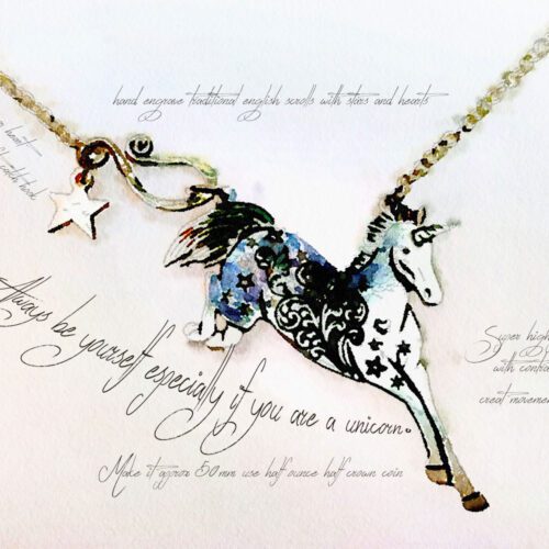 Gorgeous, stylish, eco-friendly, green, ethical and individual. The Hairy Growler silver unicorn necklace is meticulously handcrafted in Cambridge, UK.