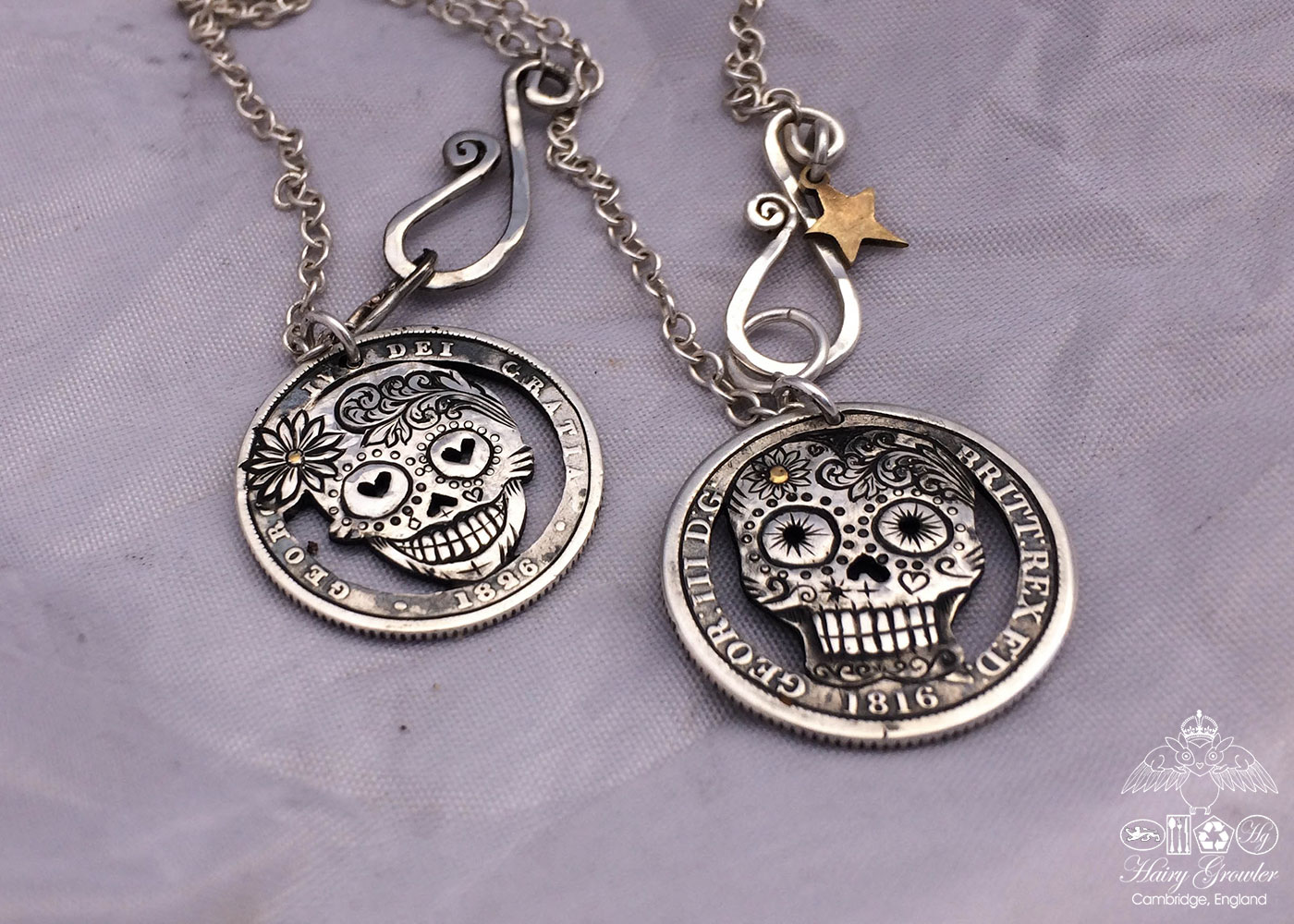 Handmade and upcycled silver shilling coin day-of-the-dead skull necklace