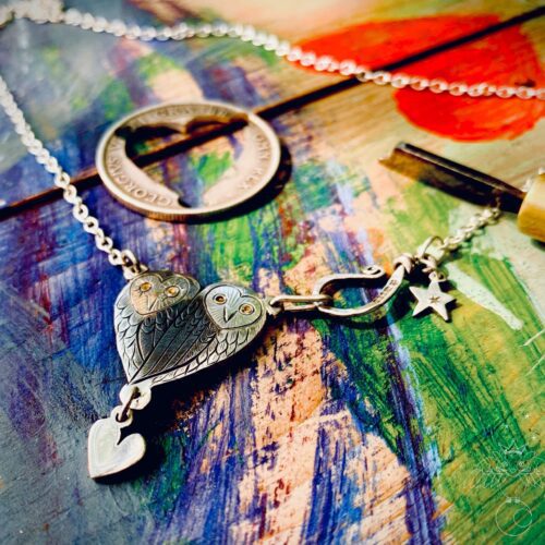 Artisan owl jewellery - Hairy Growler silver little love owls necklace is meticulously handcrafted, handmade, repurposed, recycled, upcycled in Cambridge, UK.
