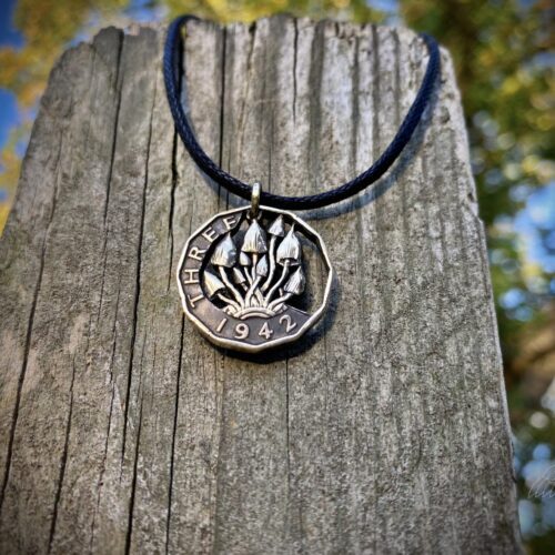 Hand made and repurposed threepence thrupney bit shroomfest shroom coin pendant necklace