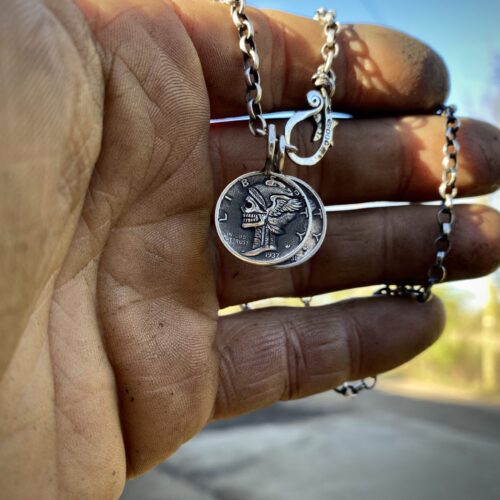 Hand-carved and recycled silver dime liberty coin skull necklace