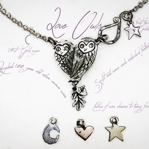 Gorgeous, stylish, eco-friendly, green, ethical and individual. The Hairy Growler silver little love owls necklace is meticulously handcrafted in Cambridge, UK.