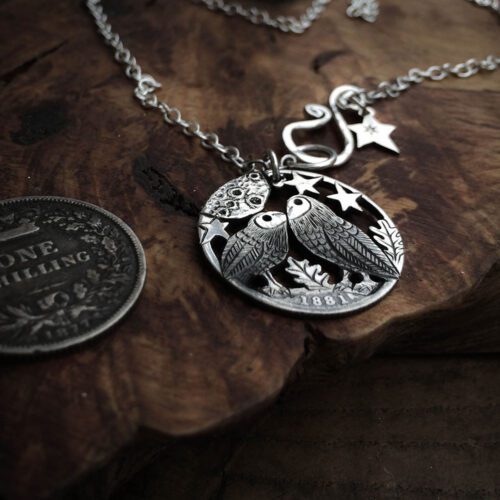 Handmade and upycled silver shilling The Silver Shilling collection. silver kissing owls necklace totally handcrafted and recycled from old sterling silver shilling coins. Designed and created by Hairy Growler Jewellery, Cambridge, UK. necklace