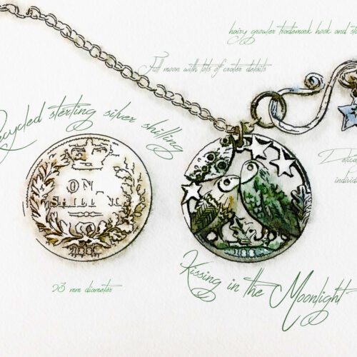 Handmade and upycled silver shilling The Silver Shilling collection. silver kissing owls necklace totally handcrafted and recycled from old sterling silver shilling coins. Designed and created by Hairy Growler Jewellery, Cambridge, UK. necklace