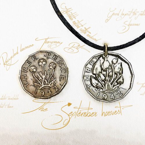 Hand made and repurposed threepence thrupney bit shroomfest shroom coin pendant necklace