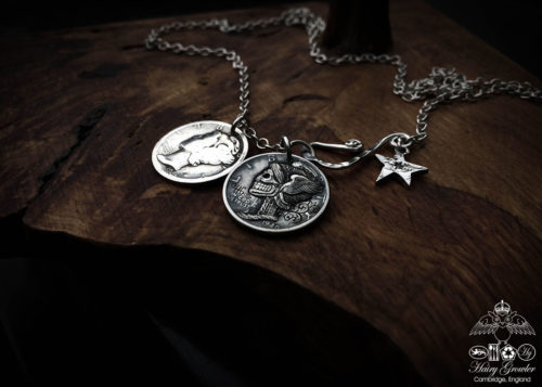 Hand-carved and recycled silver dime liberty coin skull necklace