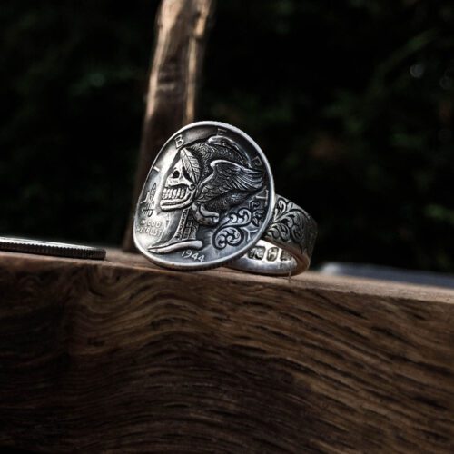 Beautiful inspired silver recycled jewellery mercury dime liberty skull ring made from silver coins