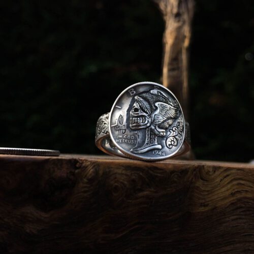 Beautiful inspired silver recycled jewellery mercury dime liberty skull ring made from silver coins