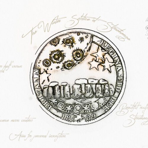 Handcrafted and recycled silver half crown Midnight winter solstice at Stonehenge necklace pendant