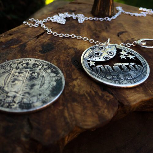Handcrafted and recycled silver half crown Midnight winter solstice at Stonehenge necklace pendant
