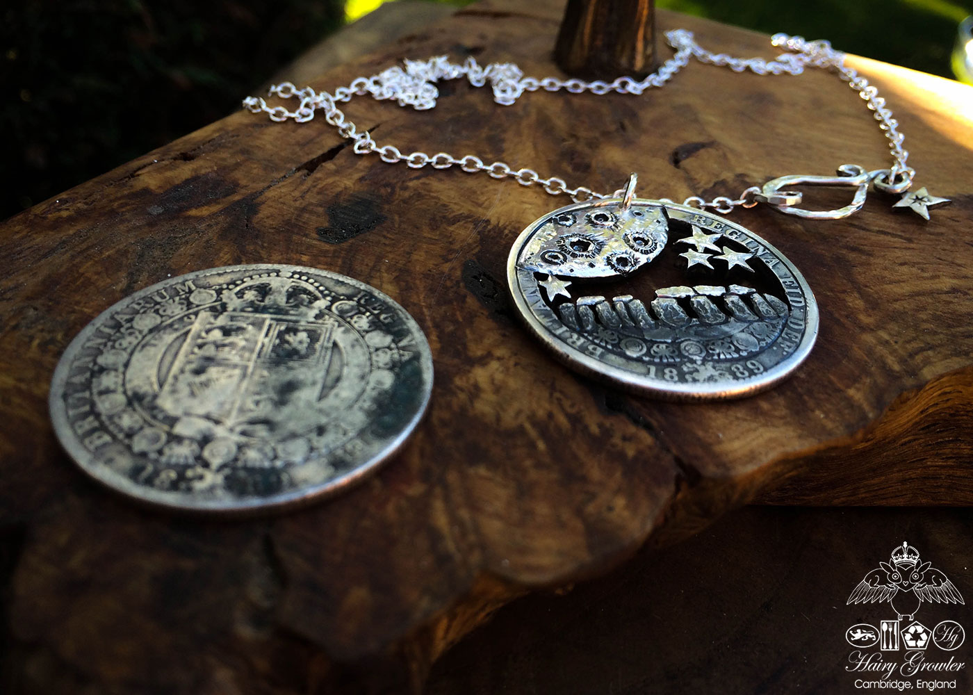 Handcrafted and recycled silver half crown Midnight winter solstice at Stonehenge necklace pendant