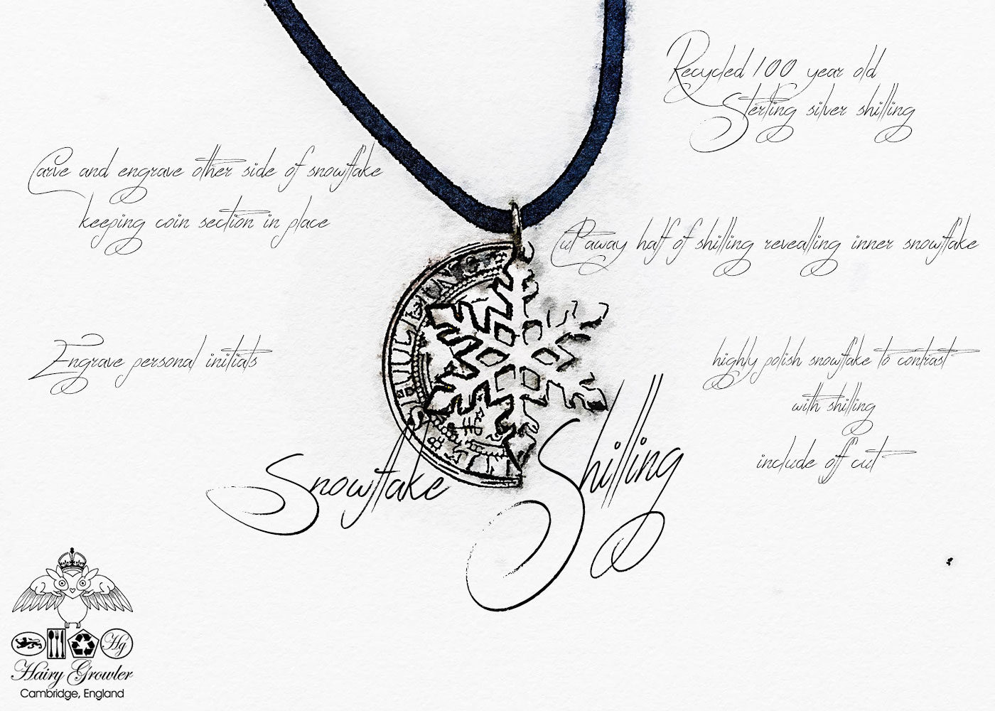 handmade and recycled silver shilling snowflake necklace