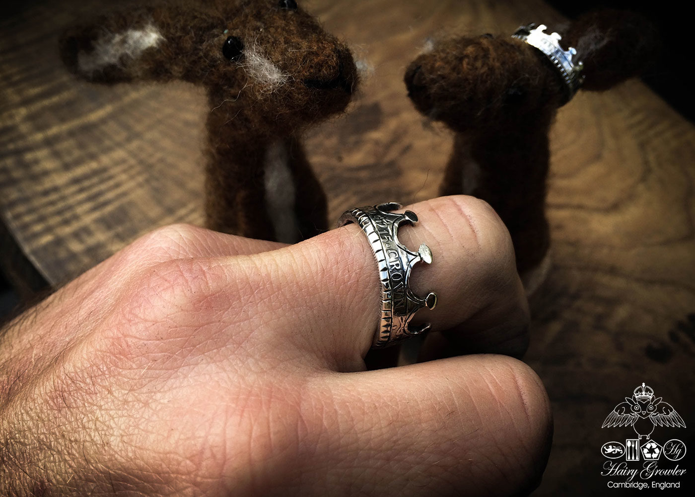 Felt brown hare handmade in Gloucestershire with sterling silver crown recycled from a 100 year old silver coin