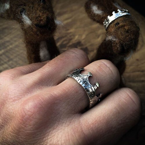 Felt brown hare handmade in Gloucestershire with sterling silver crown recycled from a 100 year old silver coin