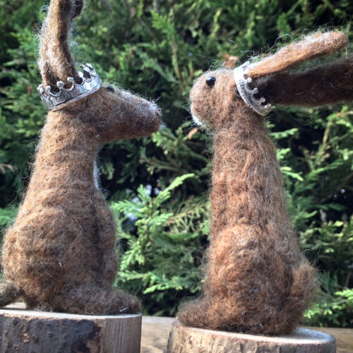 Felt brown hare handmade in Gloucestershire with sterling silver crown recycled from a 100 year old silver coin