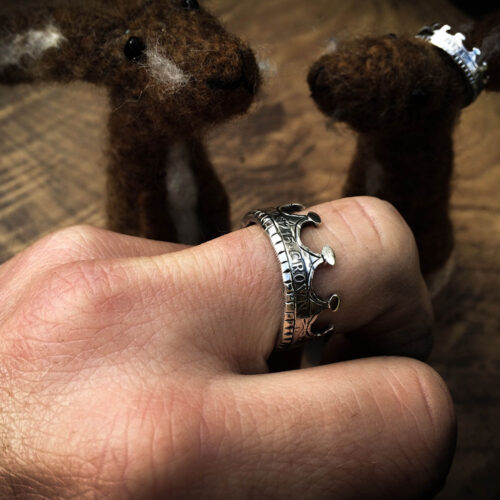 Felt brown hare handmade in Gloucestershire with sterling silver crown recycled from a 100 year old silver coin