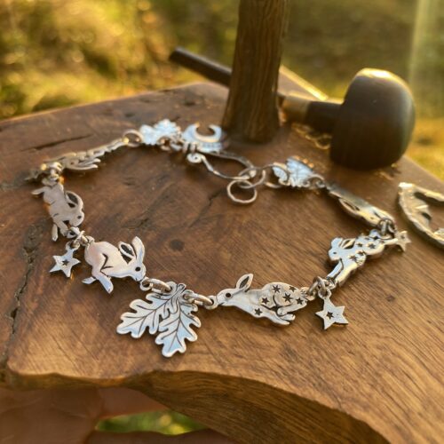 rabbit and hare bracelet individually handmade and recycled from an old Victorian silver coins