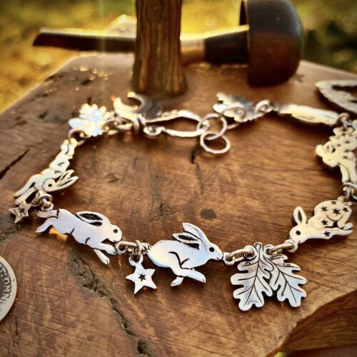 rabbit and hare bracelet individually handmade and recycled from an old Victorian silver coins