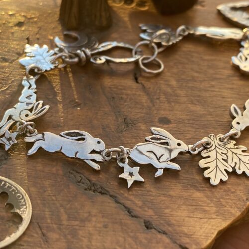 rabbit and hare bracelet individually handmade and recycled from an old Victorian silver coins