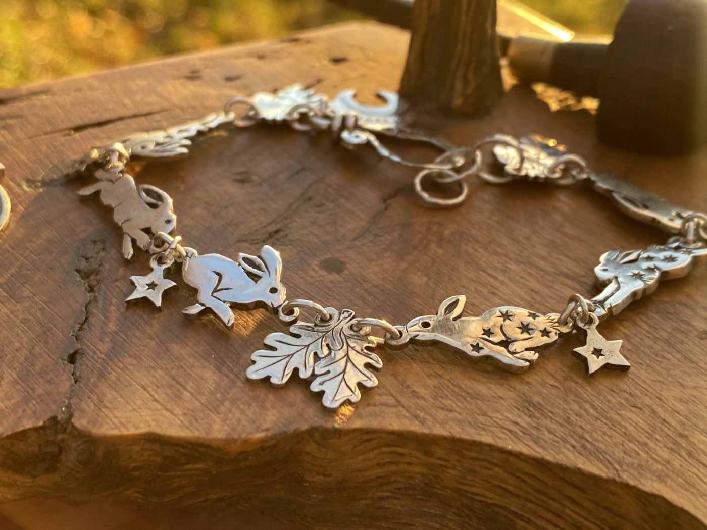 rabbit and hare bracelet individually handmade and recycled from an old Victorian silver coins
