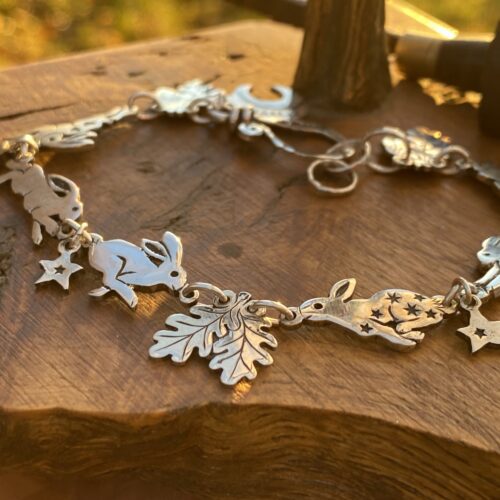 rabbit and hare bracelet individually handmade and recycled from an old Victorian silver coins