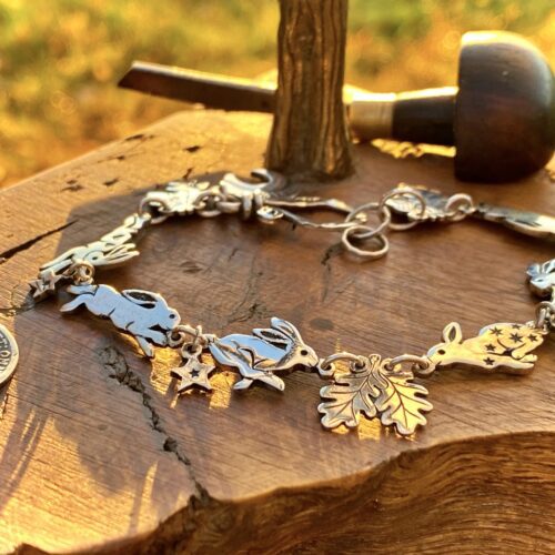 rabbit and hare bracelet individually handmade and recycled from an old Victorian silver coins