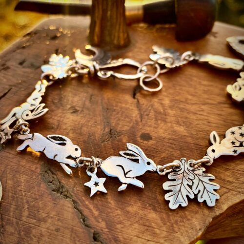 rabbit and hare bracelet individually handmade and recycled from an old Victorian silver coins
