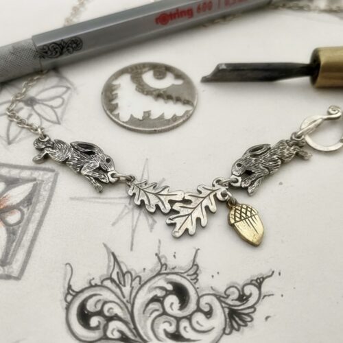 running hares and oak trees. Handcrafted jewellery inspired by nature