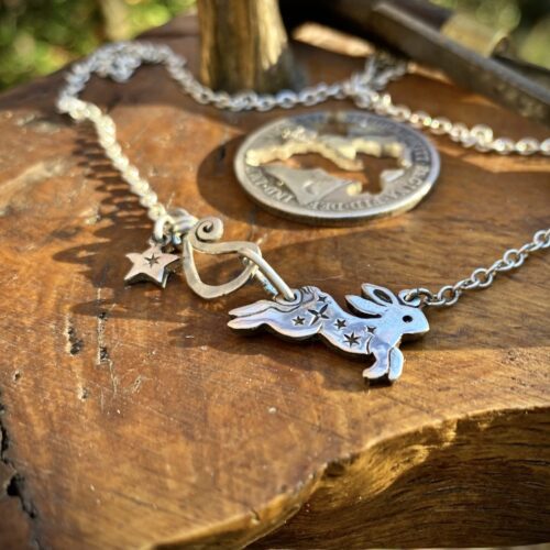 moon rabbit necklace individually handmade and recycled from an old Victorian silver coins