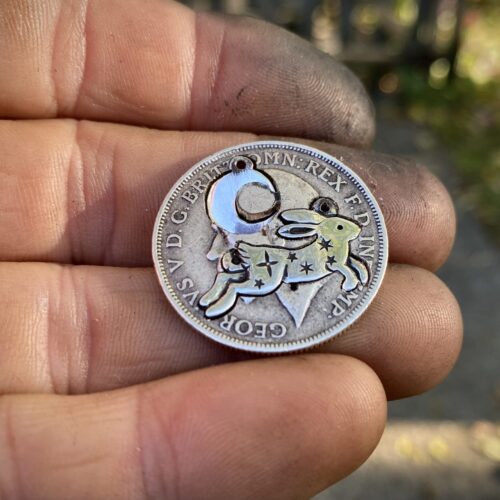 Moon rabbit necklace beautiful and delicately handcrafted from a silver coin