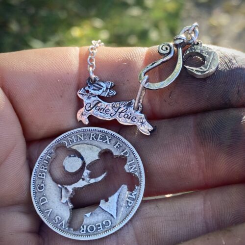 Moon rabbit necklace beautiful and delicately handcrafted from a silver coin
